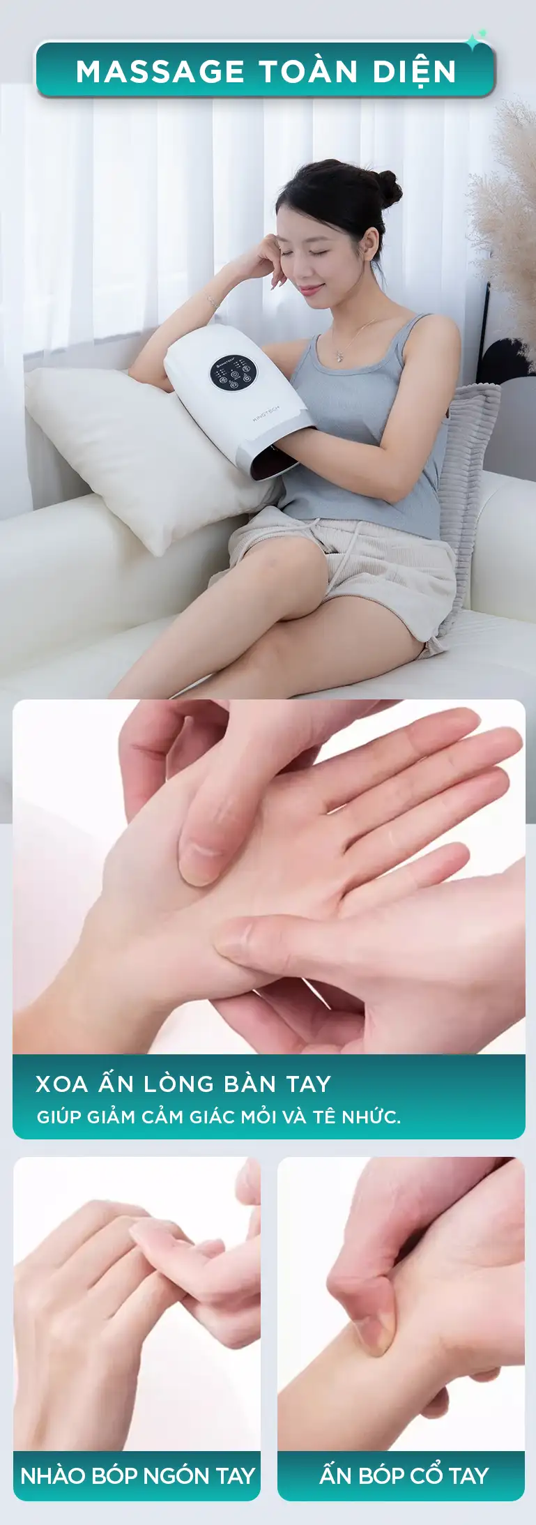 Máy massage tay KINGTECH KH-690 hỗ trợ massage toàn diện lòng bàn tay, ngón tay và cổ tay