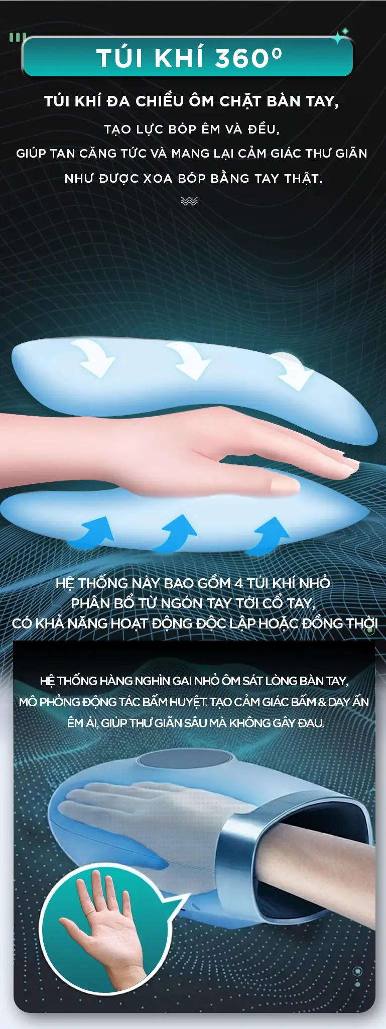 Máy massage tay KINGTECH KH-690 sử dụng túi khí 360 độ ôm sát bàn tay tạo lực bóp êm và đều