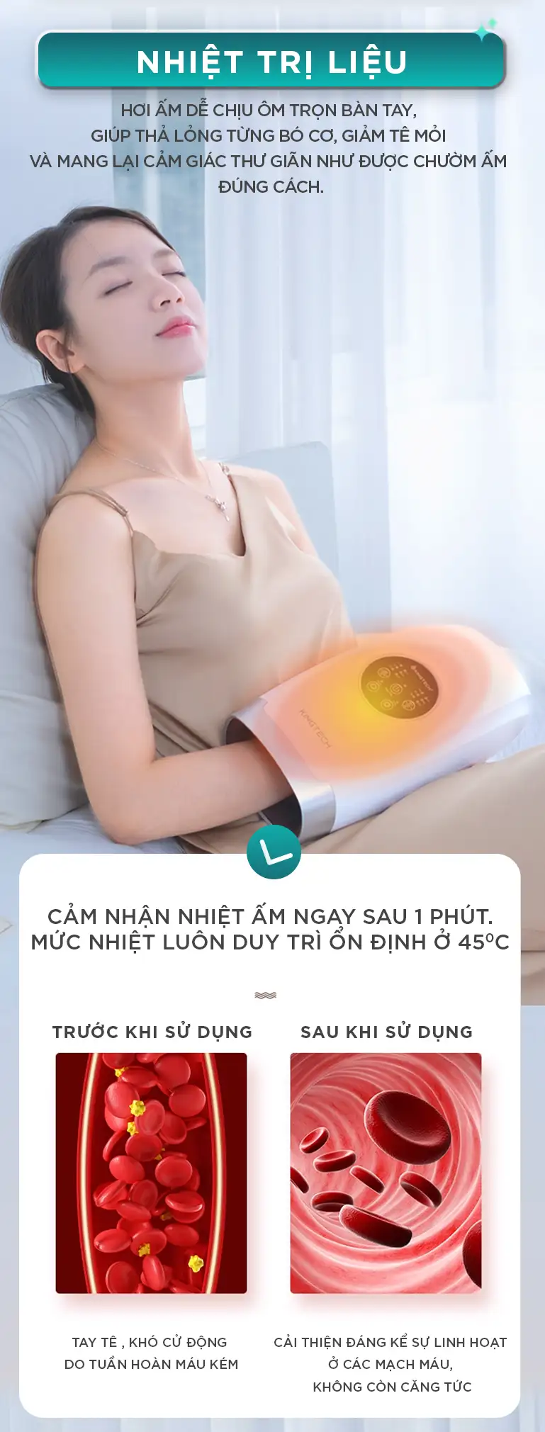 Máy massage tay KINGTECH KH-690 tích hợp nhiệt trị liệu 45 độ C giúp làm ấm bàn tay và hỗ trợ giảm tê mỏi
