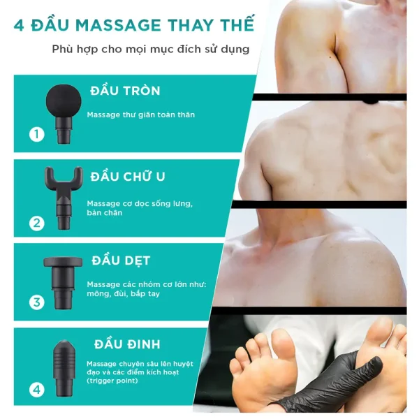 Súng Massage Cầm Tay KINGTECH KH-320 gồm 4 đầu massage thay thế