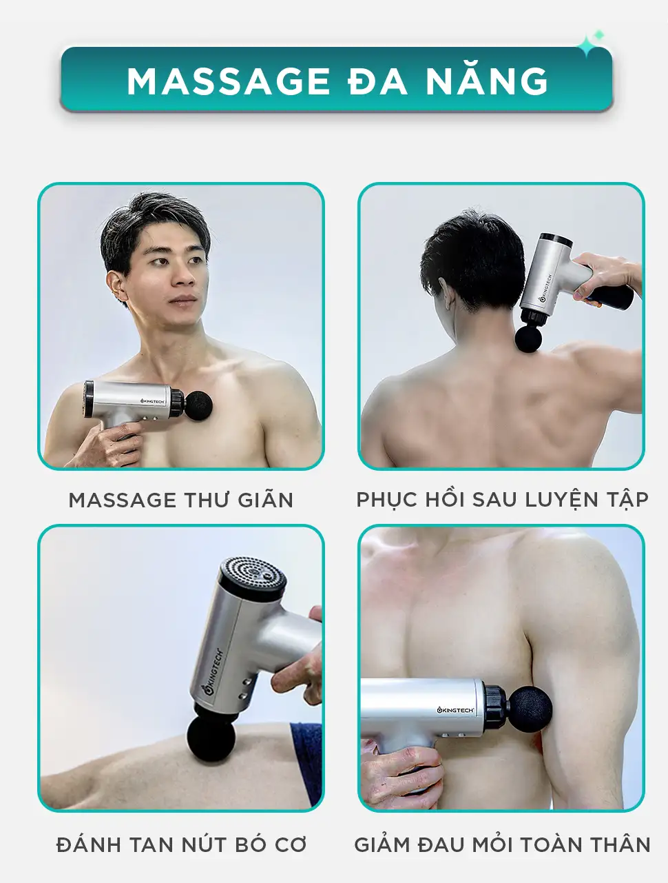 Súng Massage Cầm Tay KINGTECH KH-320 massage đa năng, có thể sử dụng ở mọi nhóm cơ trên cơ thể