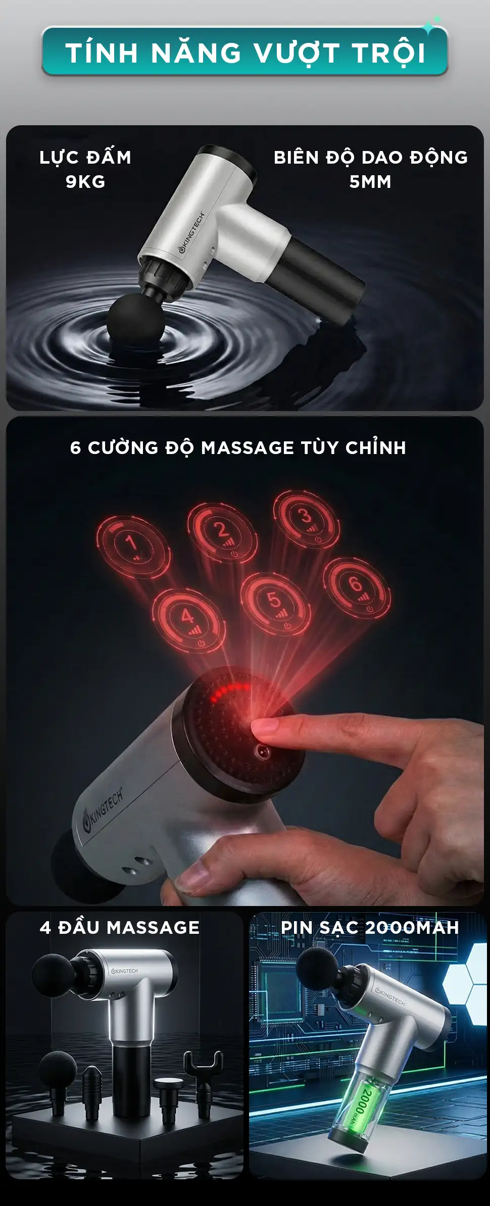 Súng Massage Cầm Tay KINGTECH KH-320 gồm nhiều tính năng vượt trội