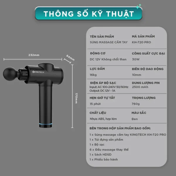 Súng Massage Cầm Tay KINGTECH KH-720 PRO thông số kỹ thuật