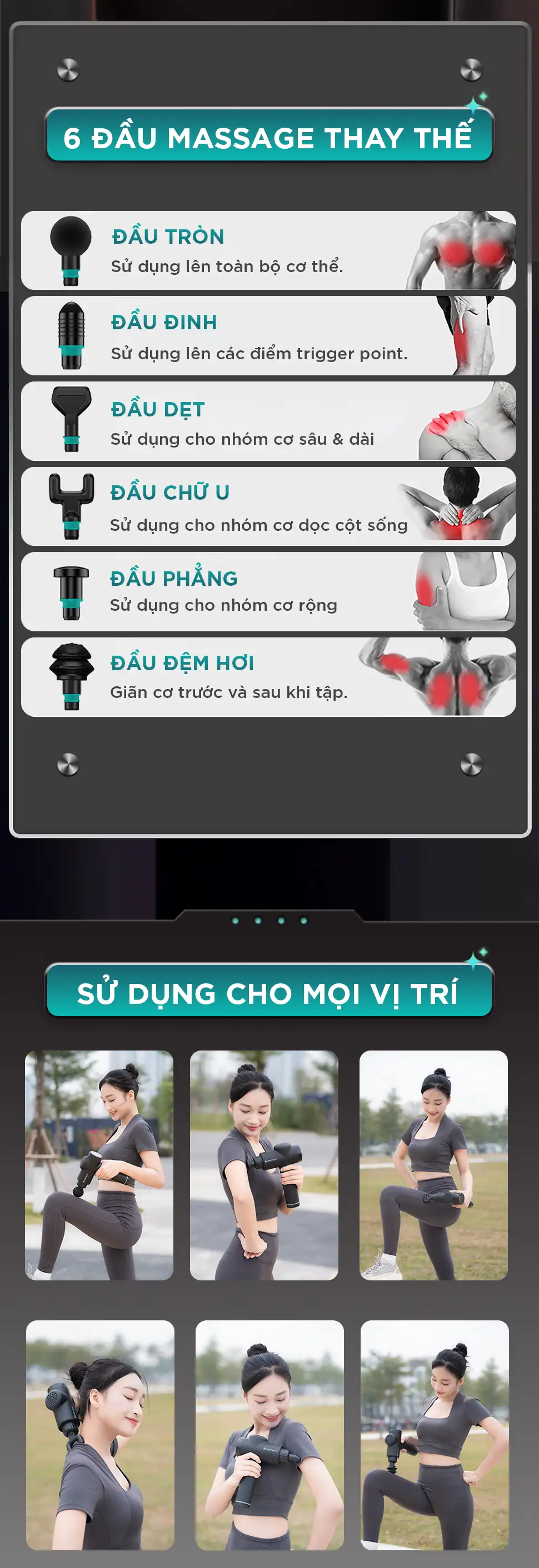 Súng massage cầm tay KINGTECH KH-720 Pro gồm 6 đầu massage thay thế, có thể sử dụng mọi vị trí