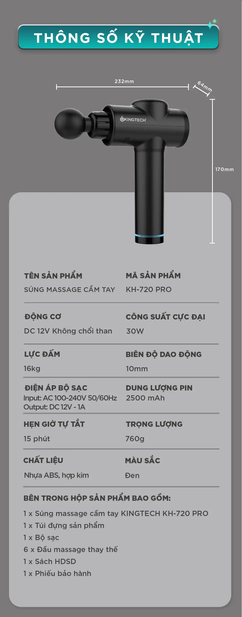 Súng massage cầm tay KINGTECH KH-720 Pro thông số kỹ thuật