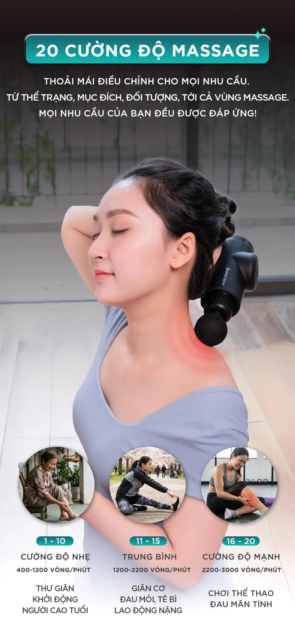 Súng massage cầm tay KINGTECH KH-720 Pro gồm 20 cường độ, phù hợp với mọi như cầu