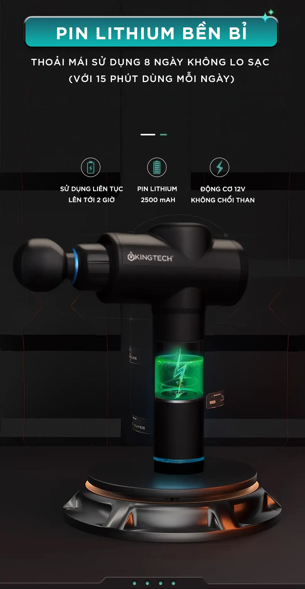 Súng massage cầm tay KINGTECH KH-720 Pro sử dụng pin lithium bền bỉ