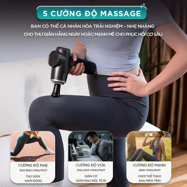 Súng Massage Cầm Tay KINGTECH MAX-1S có 5 mức cường độ, phù hợp với mọi nhu cầu
