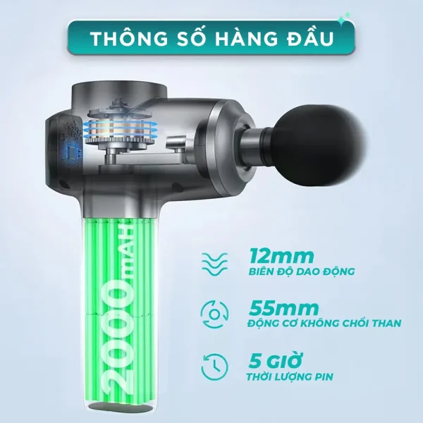 Súng Massage Cầm Tay KINGTECH MAX-1S có pin lên tới 2000 mAh