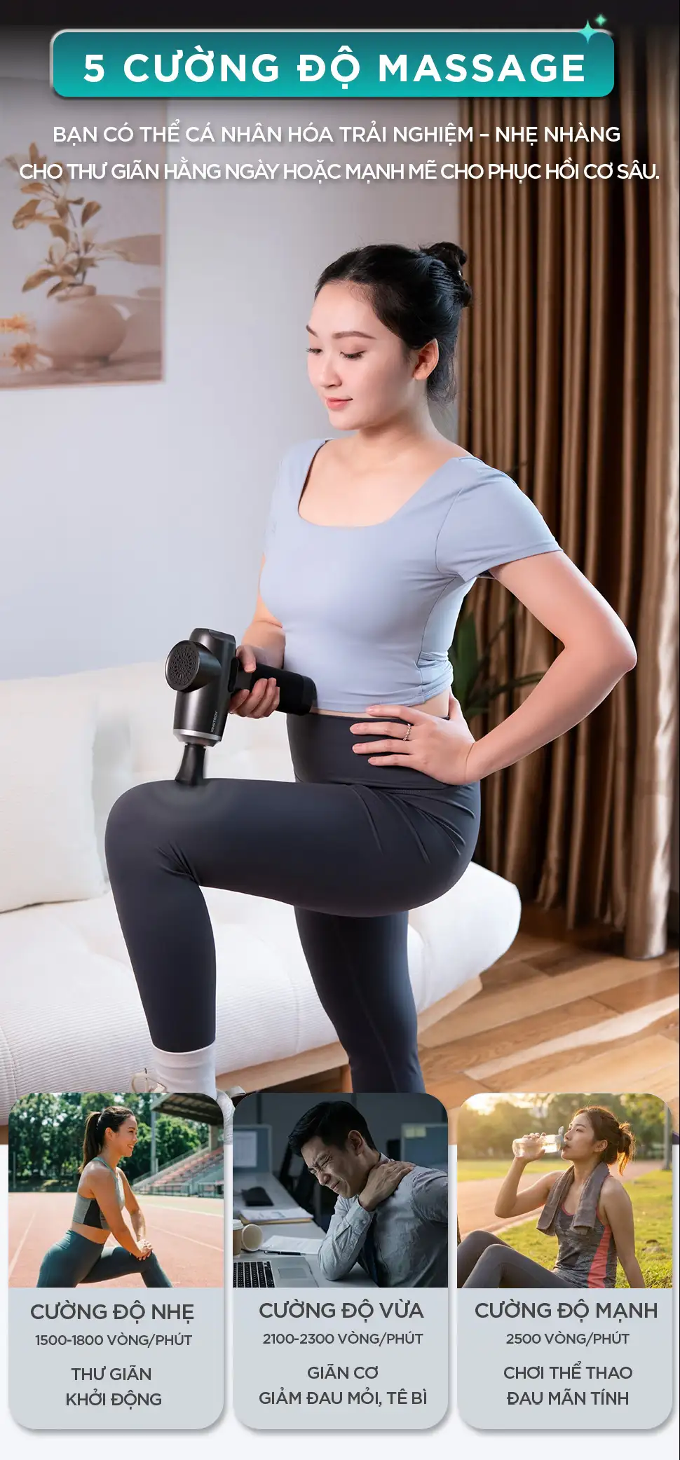 Súng Massage Cầm Tay KINGTECH MAX-1S gồm 5 mức cường độ, phù hợp với nhiều mục đích