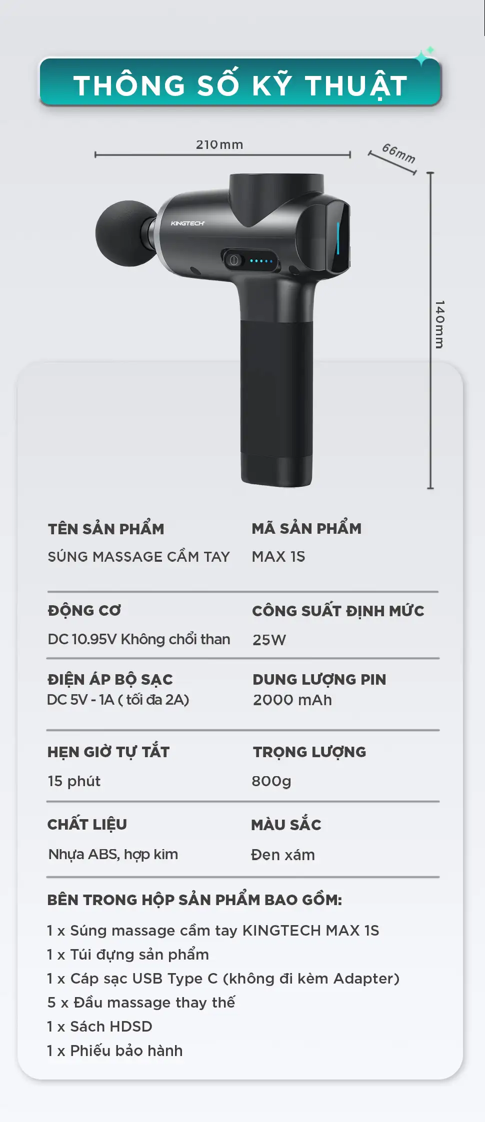 Súng Massage Cầm Tay KINGTECH MAX-1S thông số kỹ thuật
