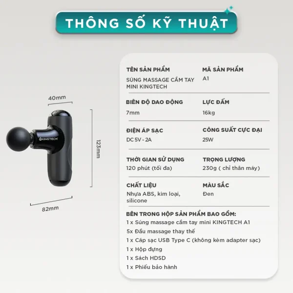 Súng Massage Cầm Tay Mini KINGTECH A1 thông số ản phẩm