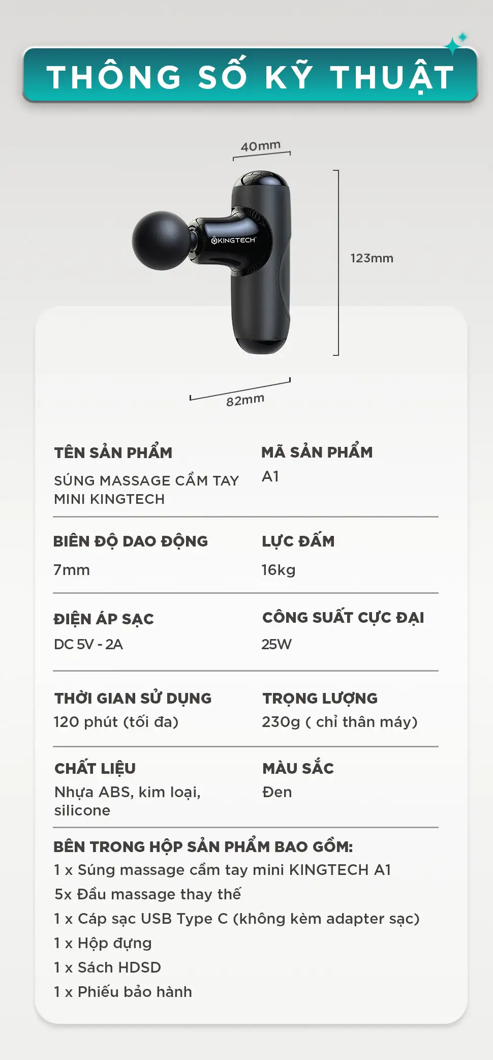 Súng Massage Cầm Tay Mini KINGTECH A1 thông số kỹ thuật