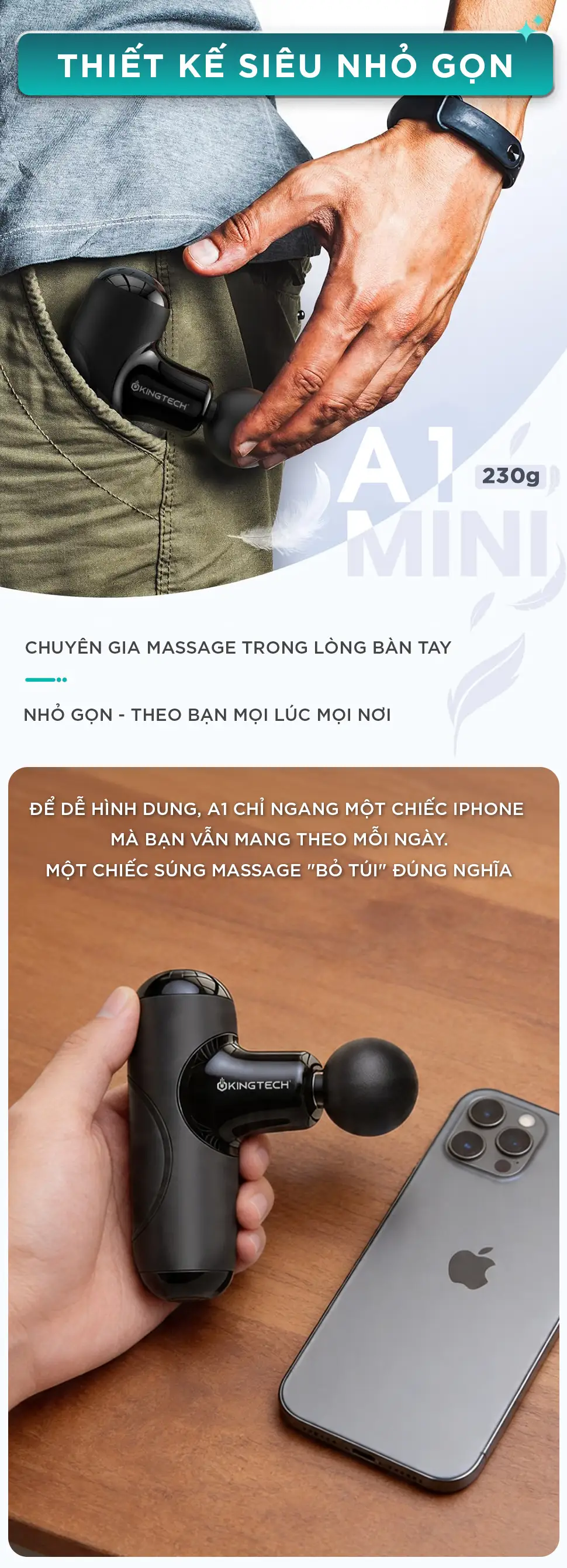 Súng Massage Cầm Tay Mini KINGTECH A1 thiết kế nhỏ gọn chỉ bằng lòng bàn tay