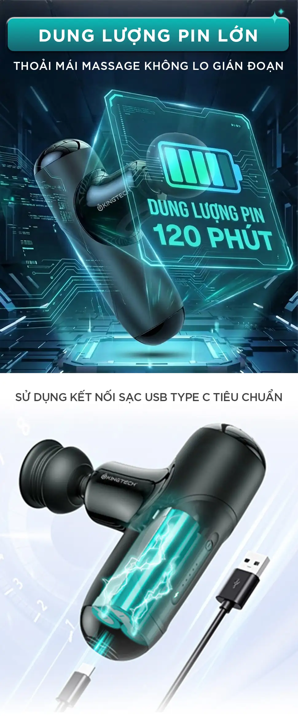 Súng Massage Cầm Tay Mini KINGTECH A1 có dung lượng pin lớn, sử dụng sạc USB Type C