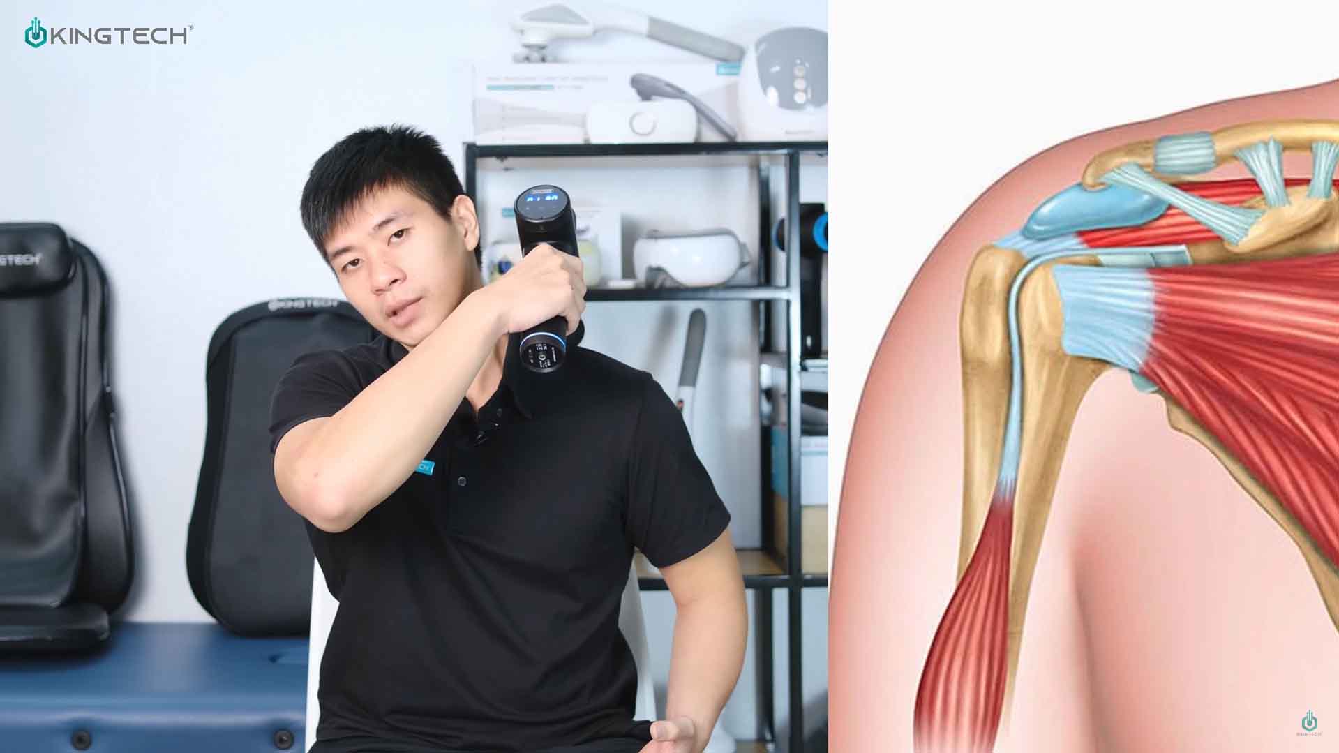 Cách sử dụng súng massage hỗ trợ đau vai.