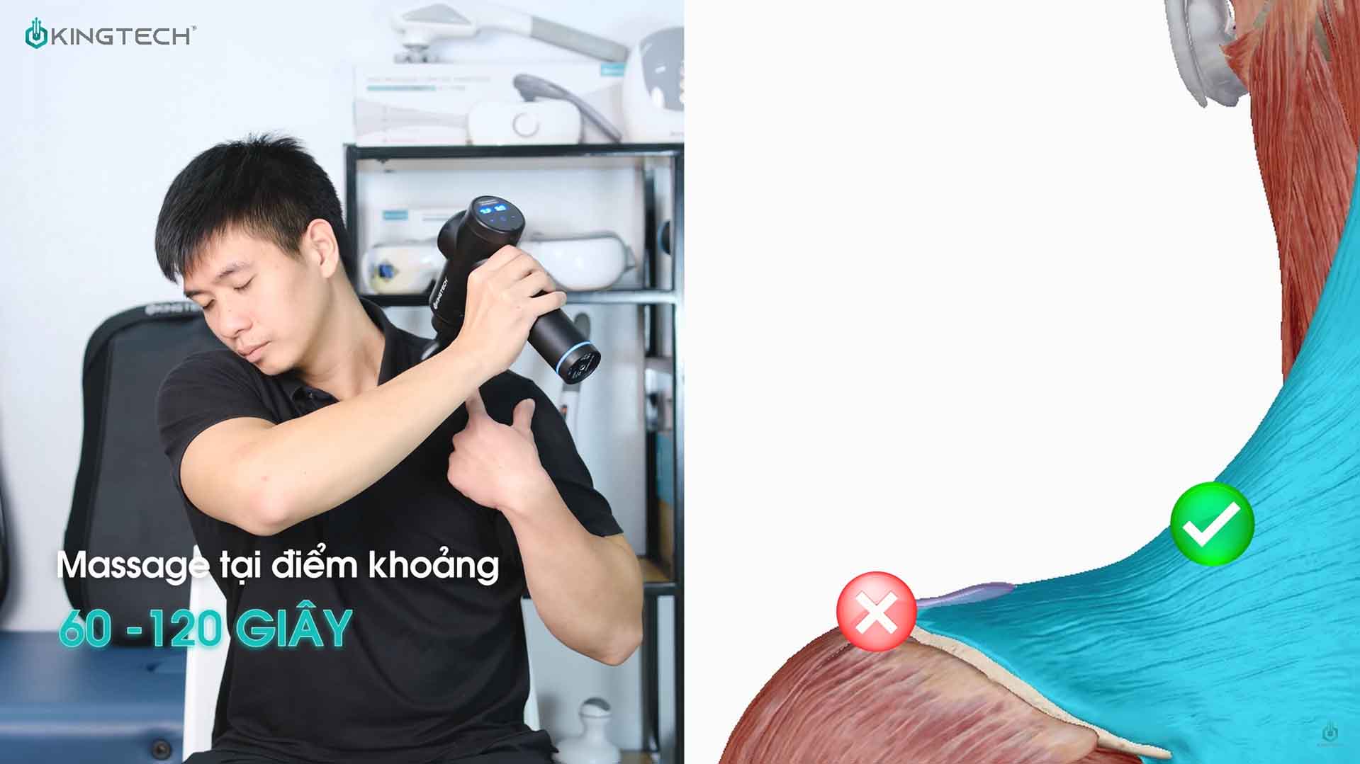 Cách sử dụng súng massage hỗ trợ đau vai.