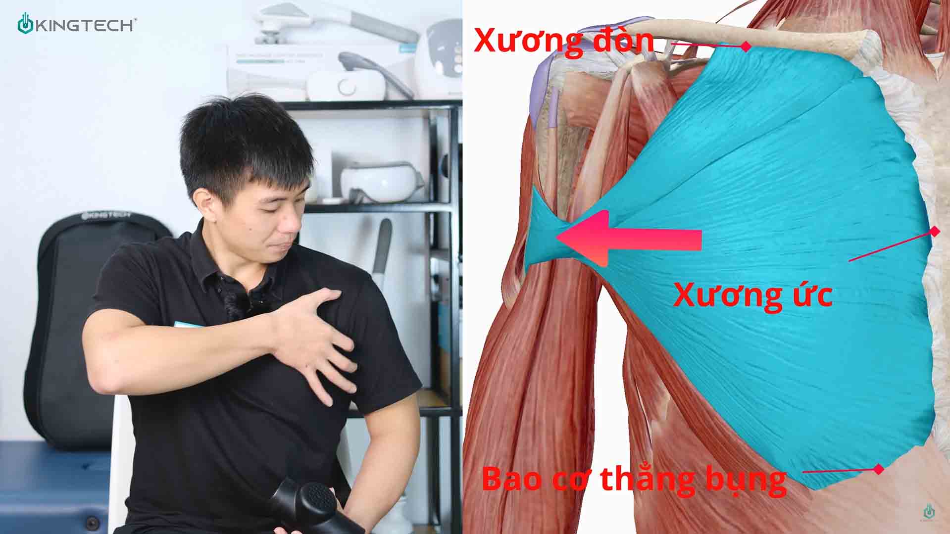 Cách sử dụng súng massage hỗ trợ đau vai.