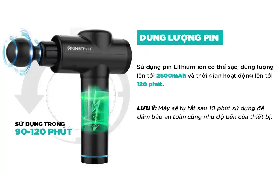 Súng Massage Cầm Tay Đa Năng Cao Cấp KINGTECH KH-720 Pro thời gian sử dụng lâu